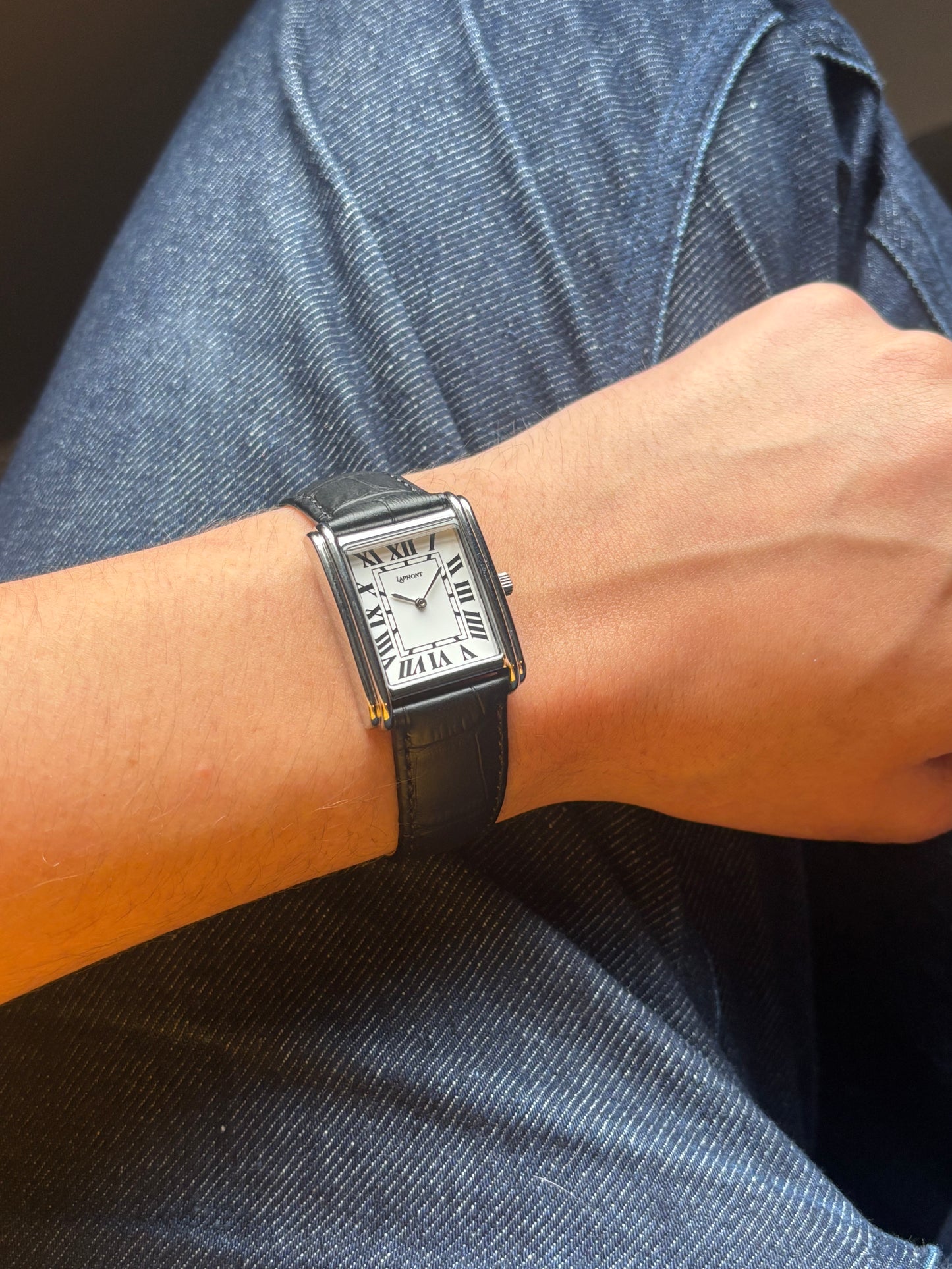 Bloc Silver square tank-style dress watch on wrist
