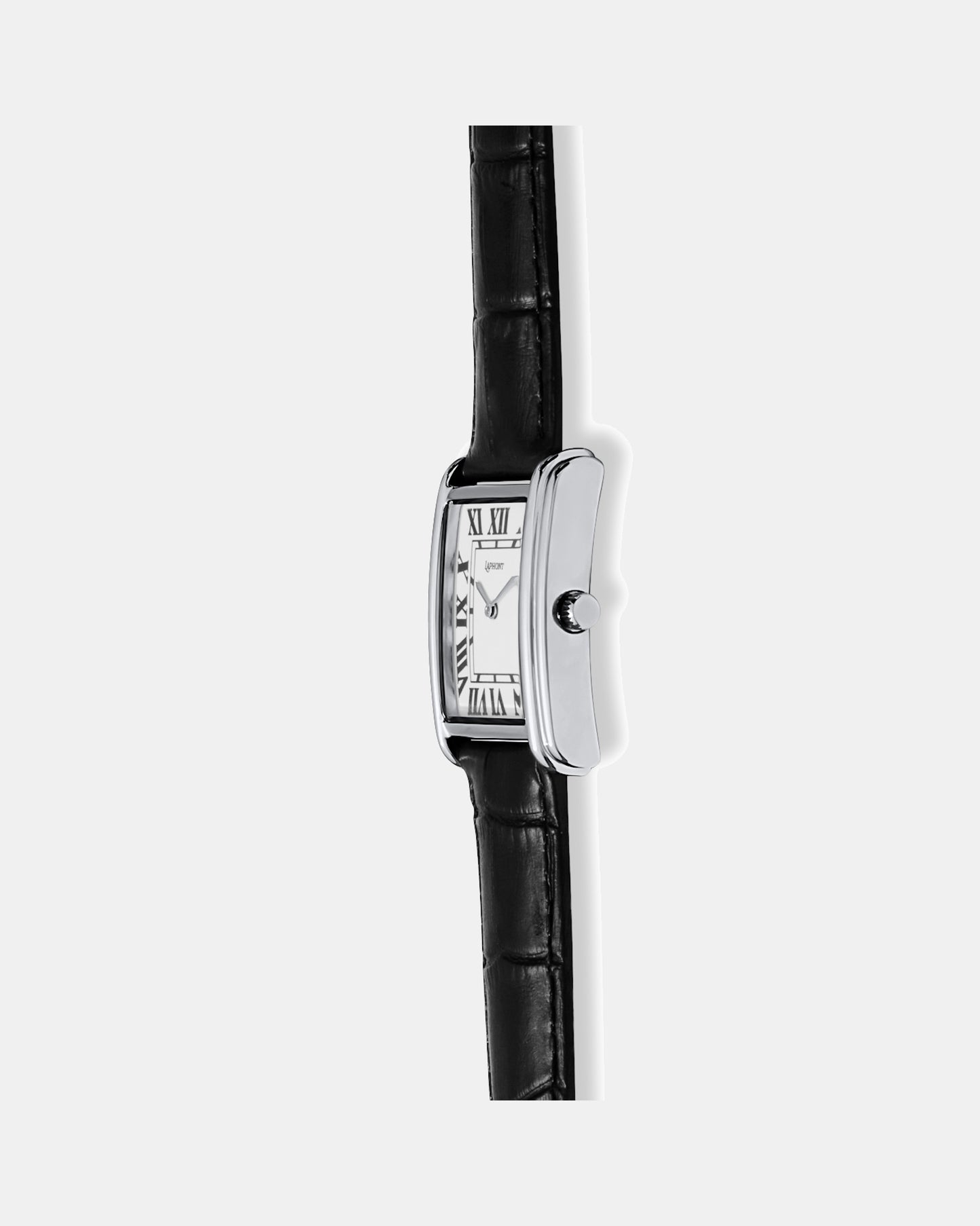 Bloc silver square watch, right-side profile showing the stepped case and crown
