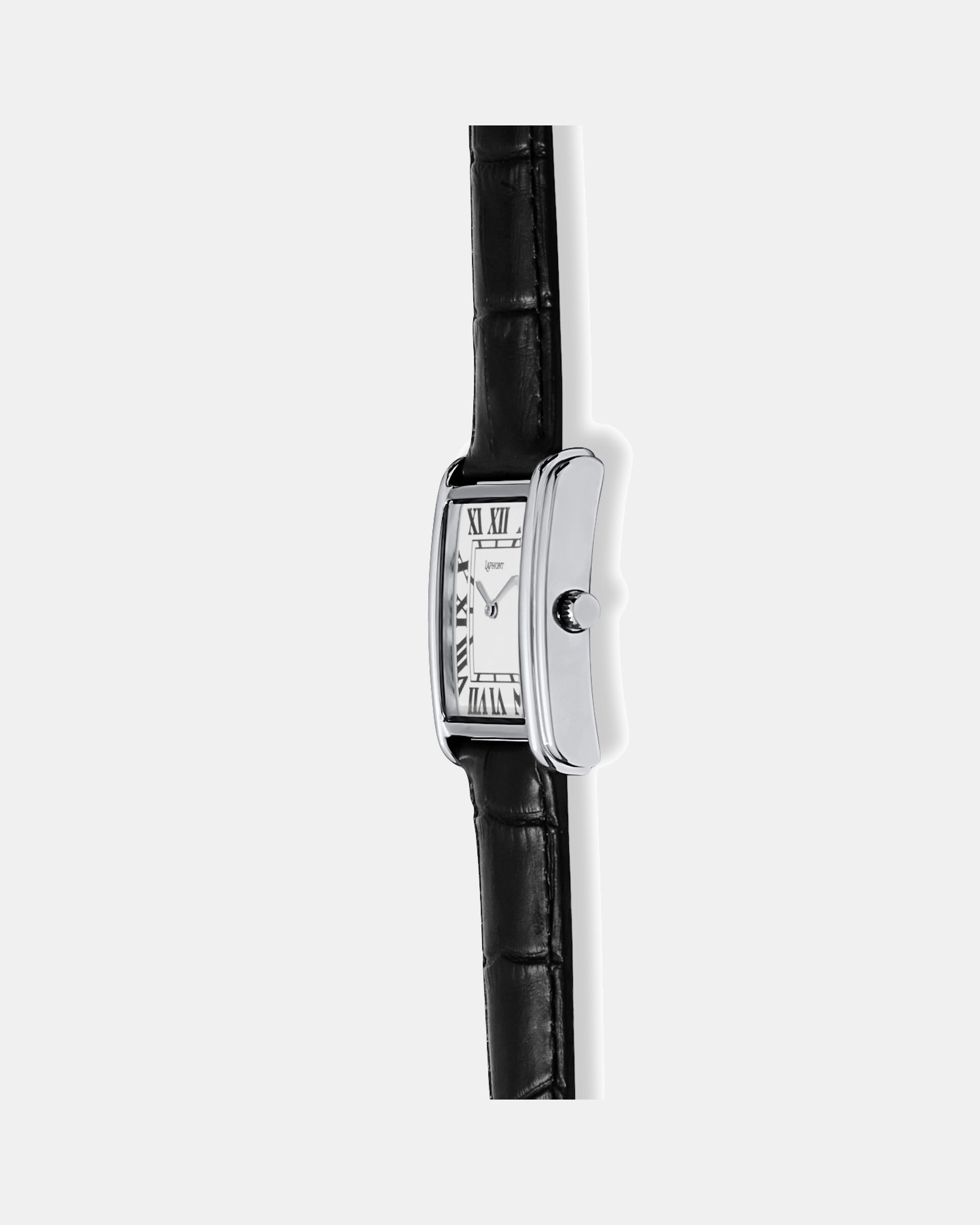 Bloc silver square watch, right-side profile showing the stepped case and crown