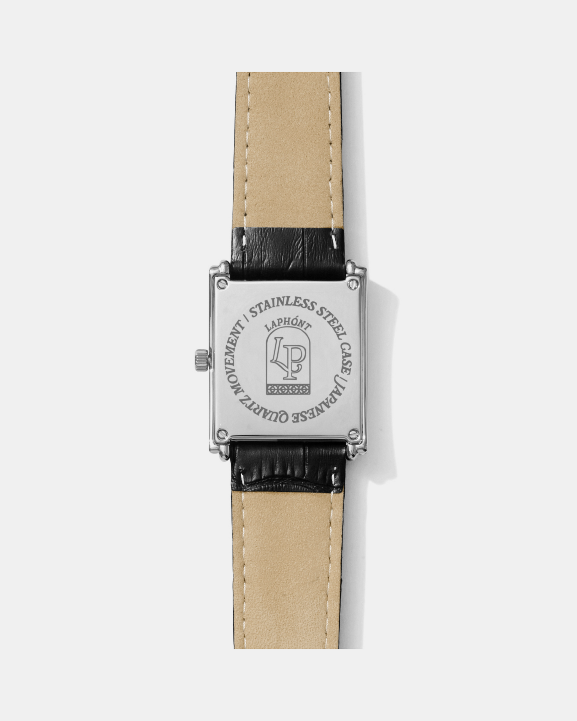 Bloc silver square watch caseback and leather strap
