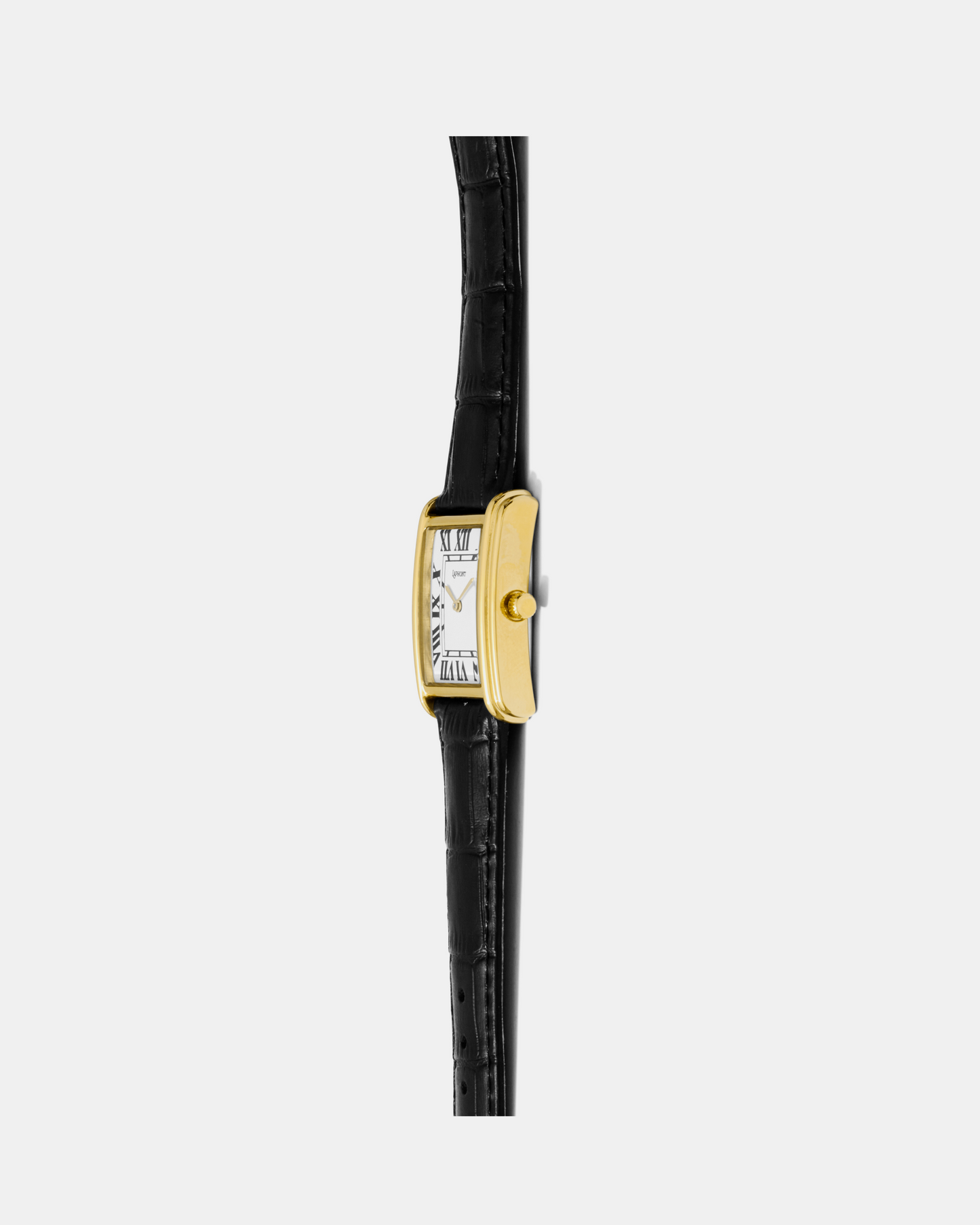 Bloc gold square watch, right-side profile showing the stepped case and crown