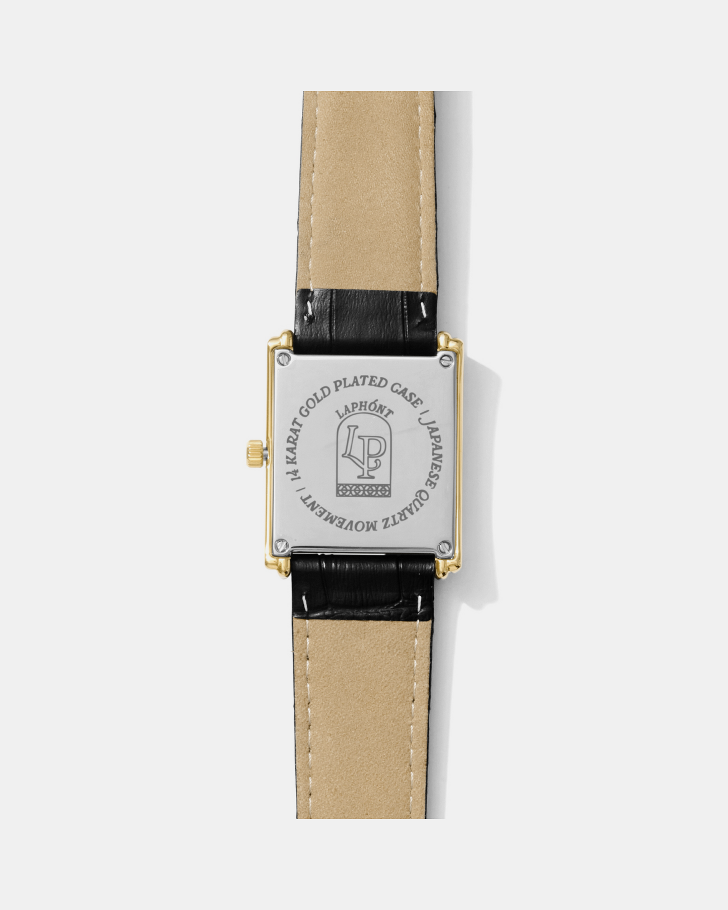 Bloc gold square watch caseback and leather strap