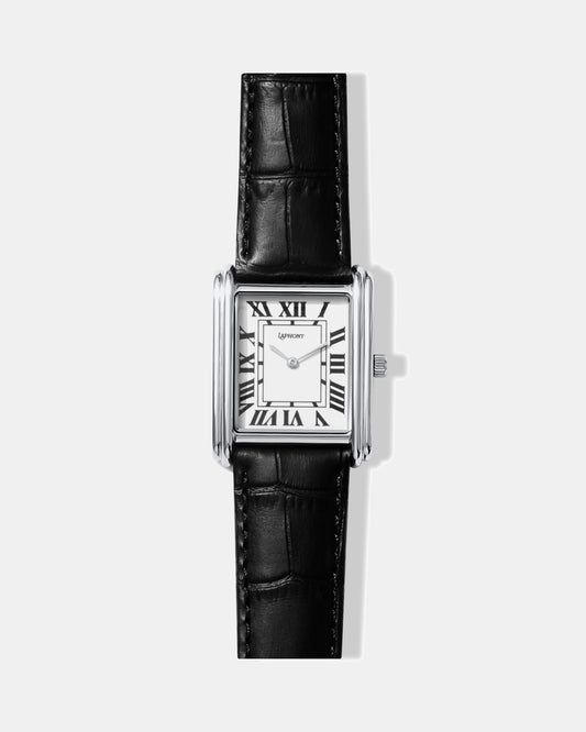 Laphont Bloc silver square tank-style dress watch with white dial, front view