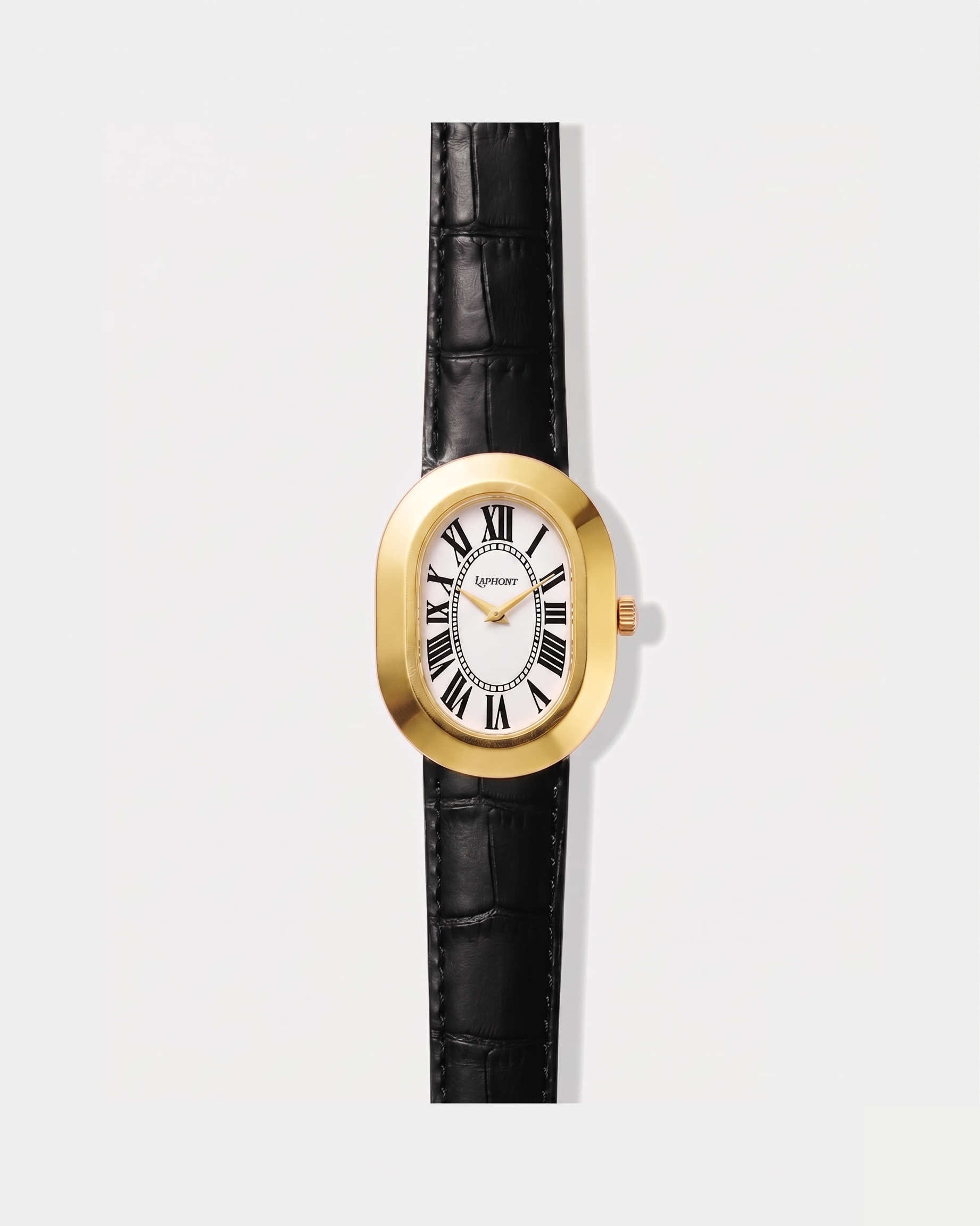 Oule oval gold dress watch with white Roman-numeral dial on black leather strap