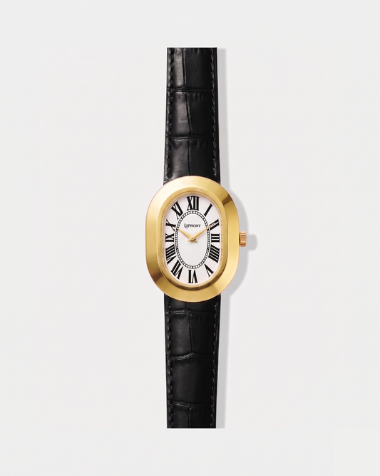 Oule oval gold dress watch with white Roman-numeral dial on black leather strap
