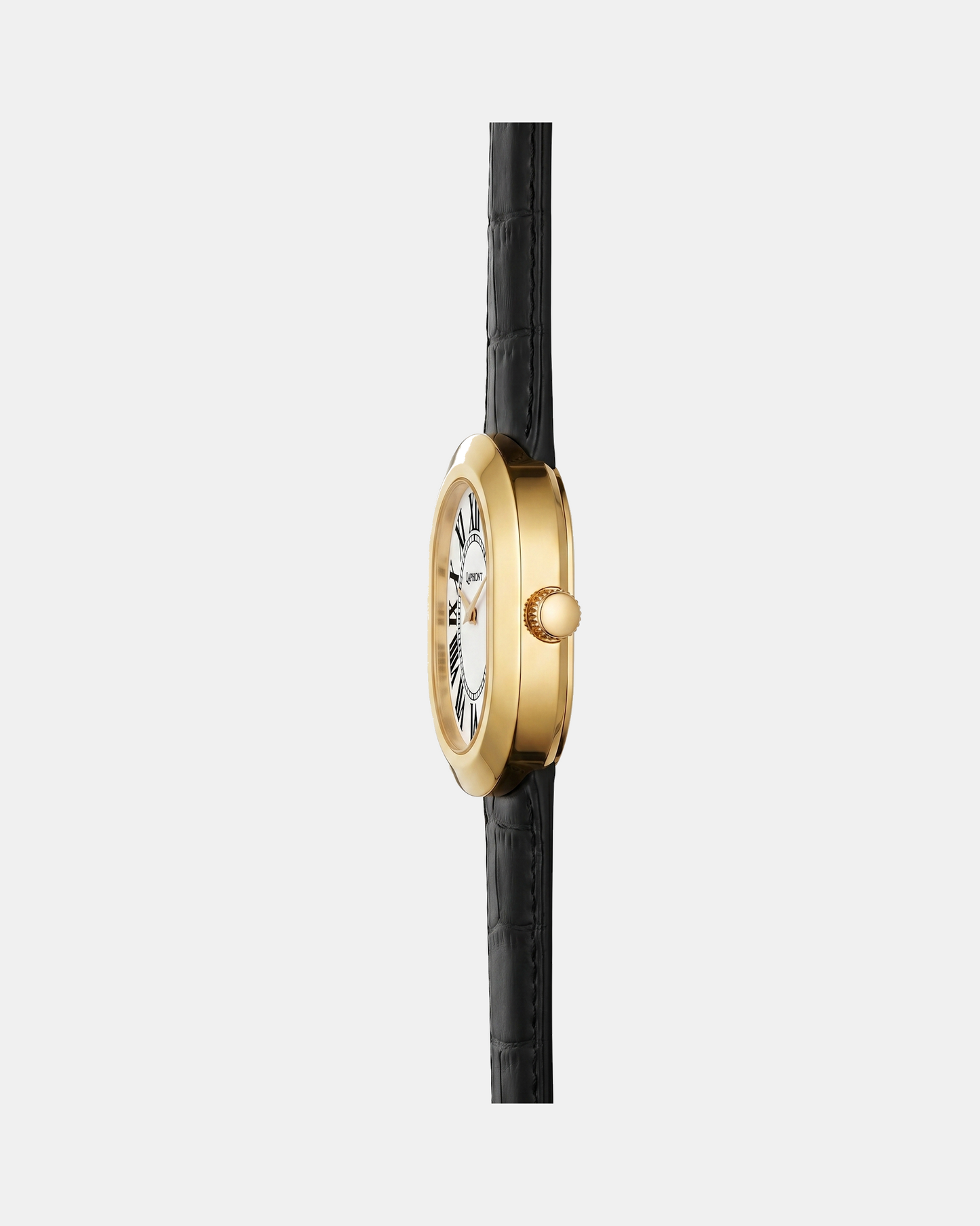 Oule oval gold dress watch with white Roman-numeral dial on black leather strap side view