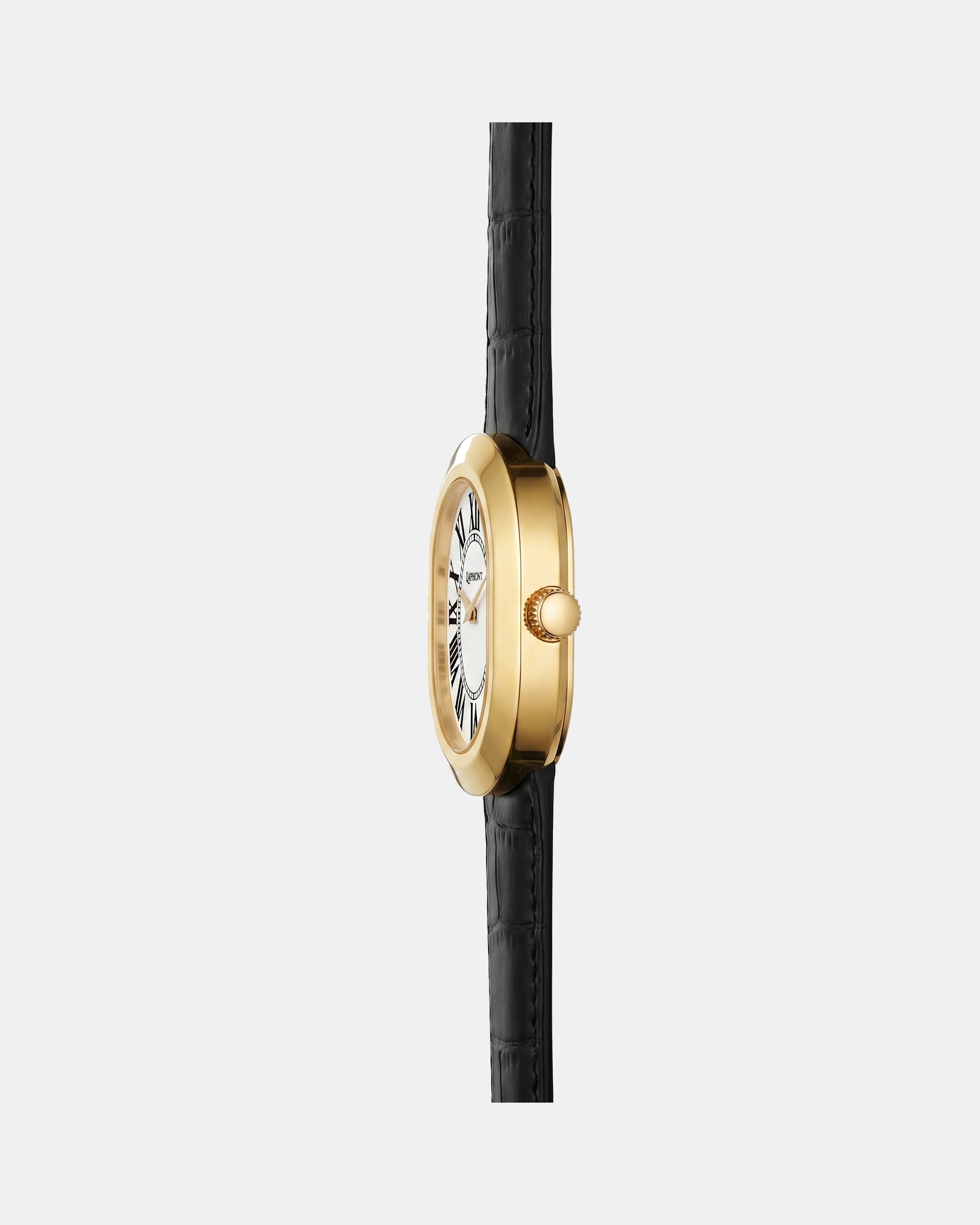 Oule oval gold dress watch with white Roman-numeral dial on black leather strap side view