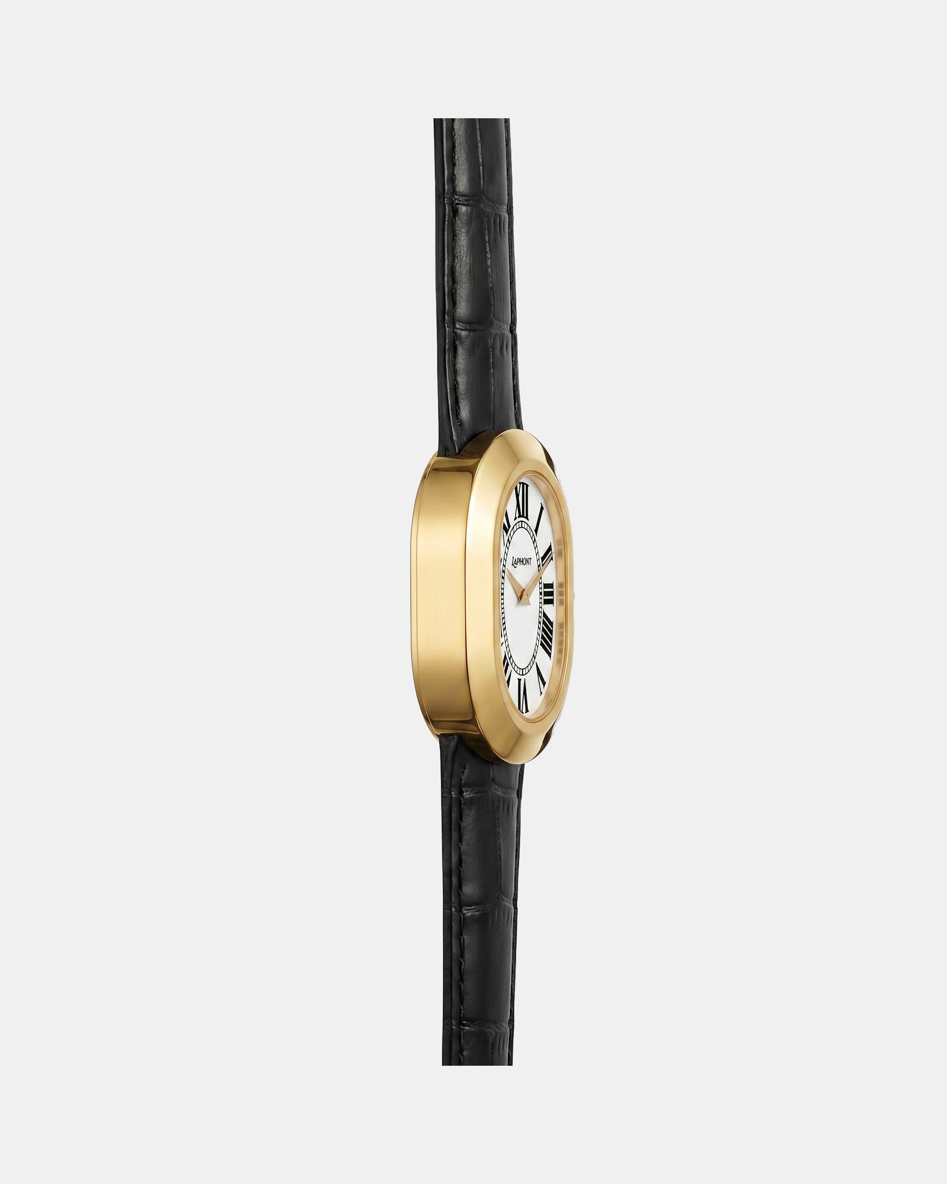 Oule oval gold dress watch with white Roman-numeral dial on black leather strap side view