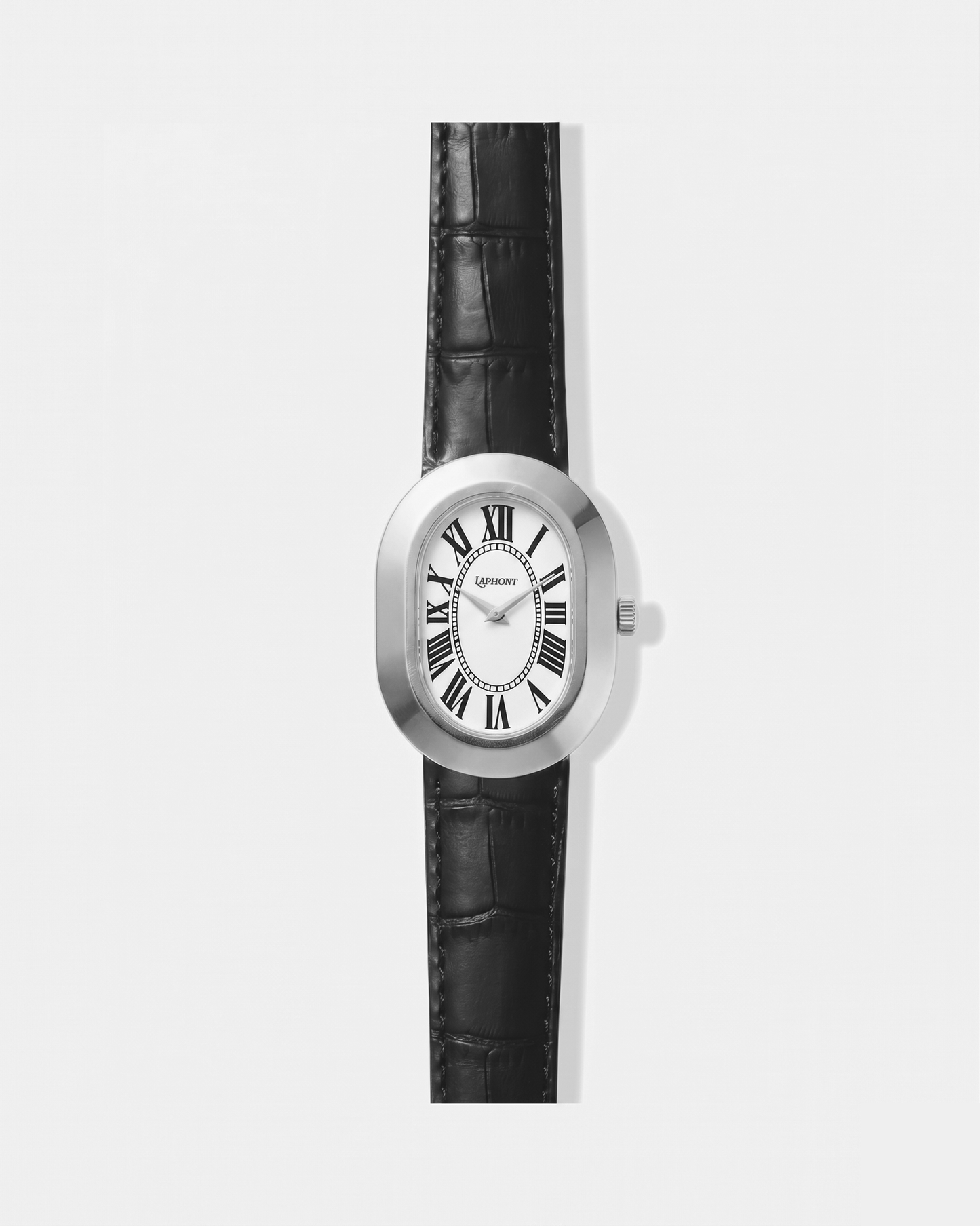 Oule oval silver dress watch with white Roman-numeral dial on black leather strap