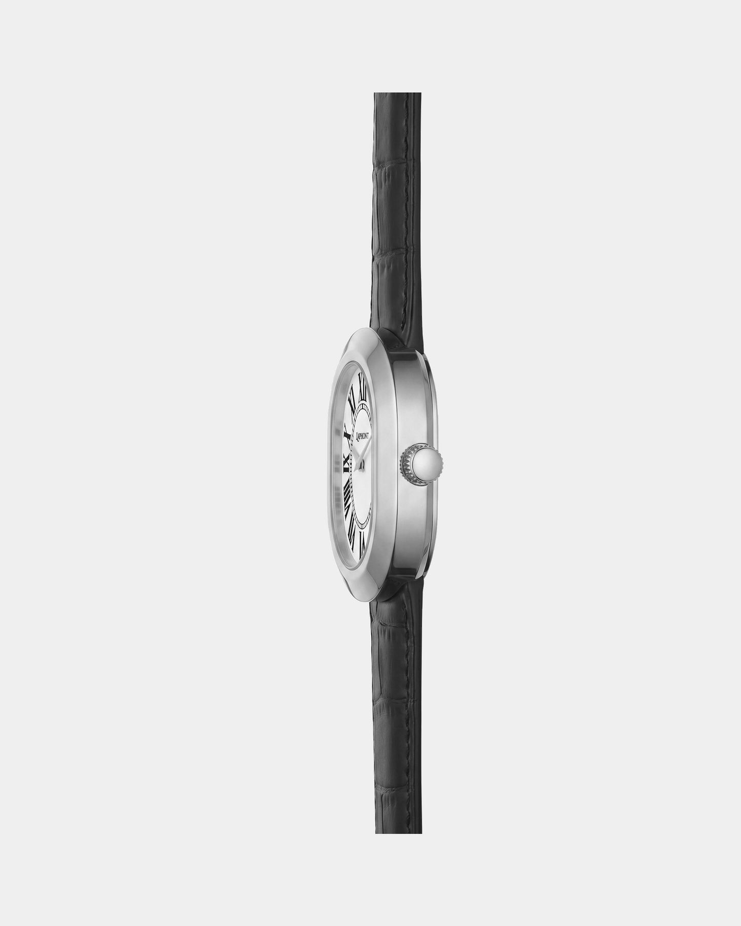 Oule oval silver dress watch with white Roman-numeral dial on black leather strap side view