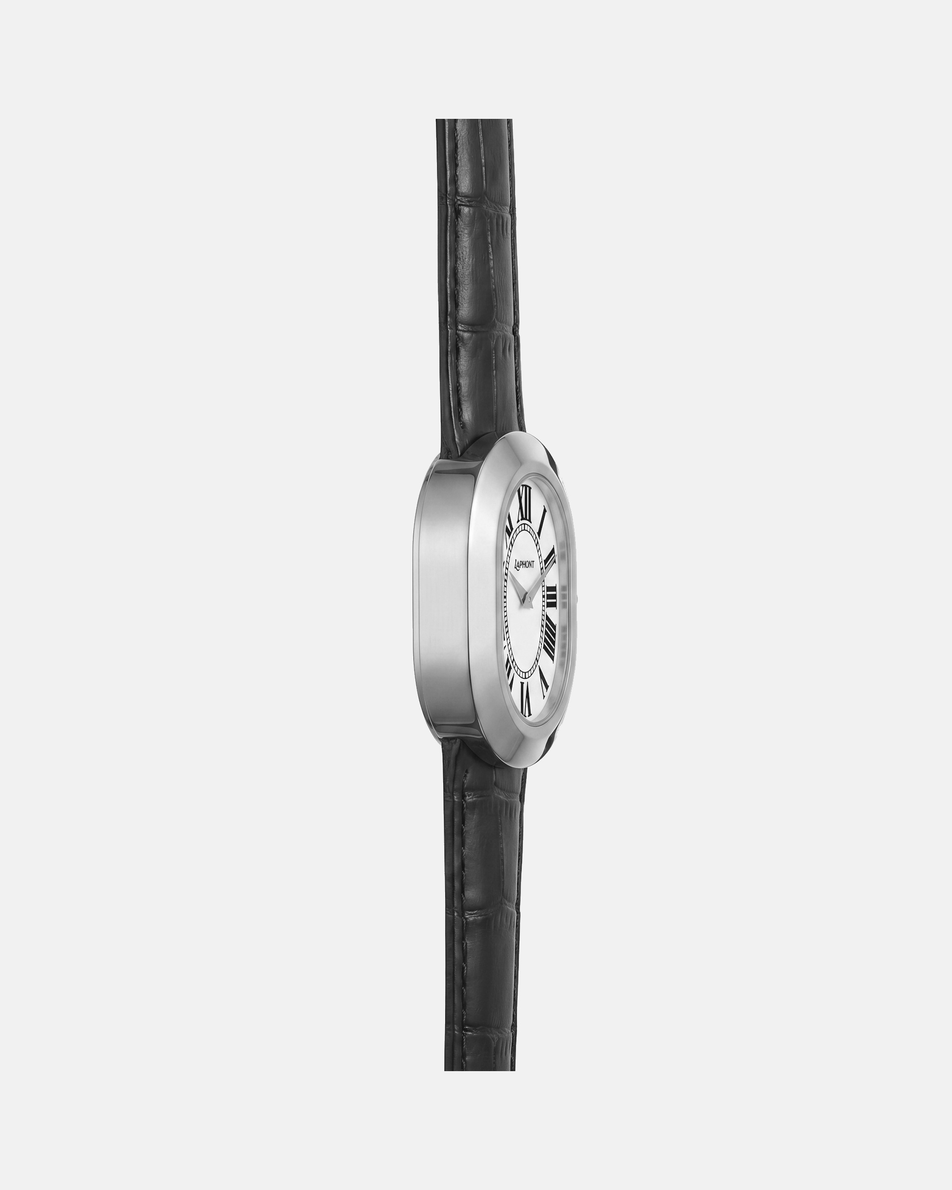 Oule oval silver dress watch with white Roman-numeral dial on black leather strap side view