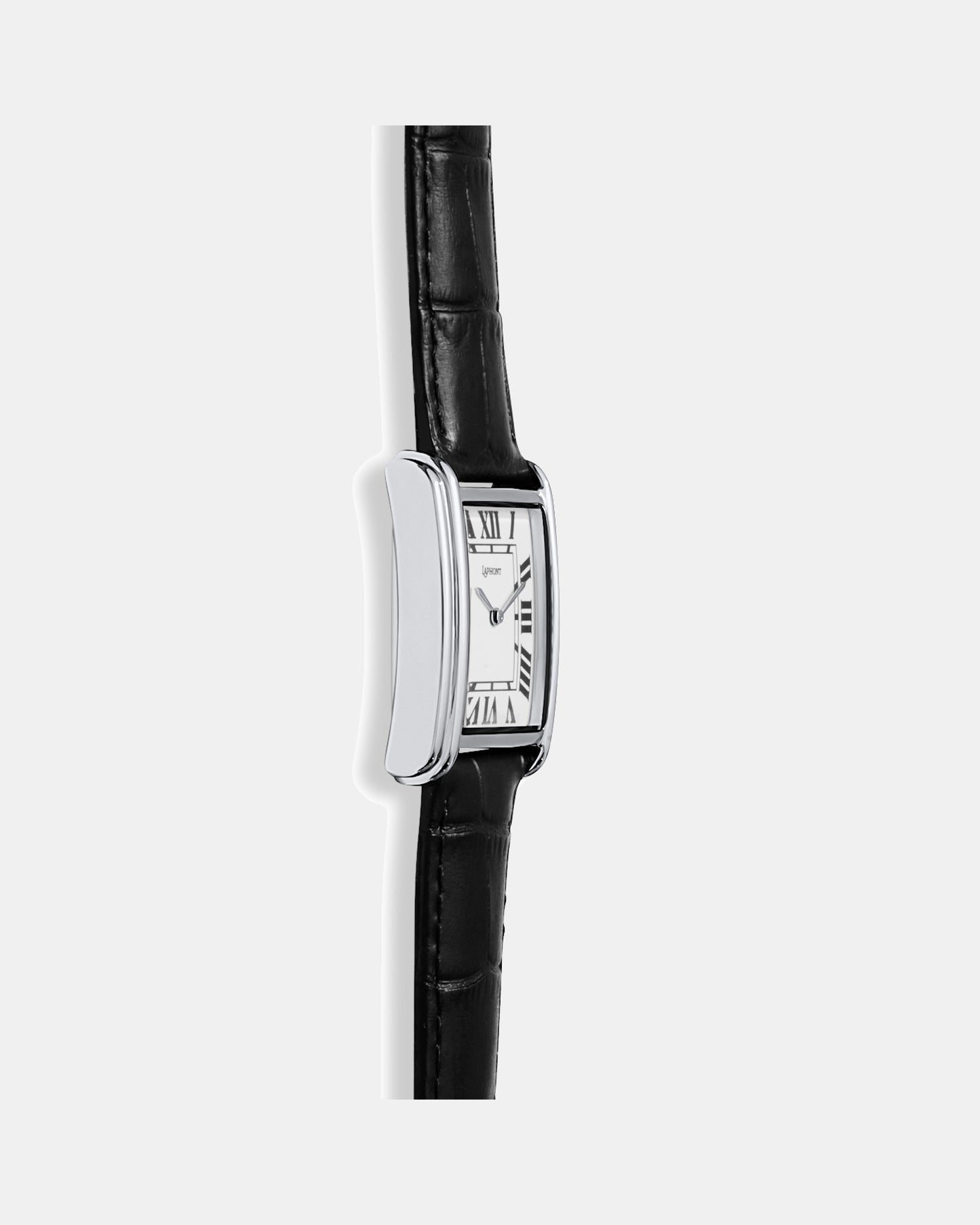 Bloc silver square watch, left-side profile showing the stepped case and lugs